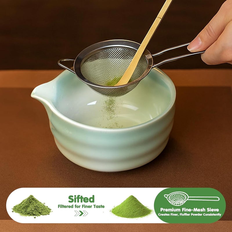 Evoio Matcha Whisk Set, 7 Pcs Ceramic Matcha Whisk Kit, Bowl with Spout, Holder, Stainless Sifter, Bamboo Scoop and Tea Towel, Gift Set for Tea Lovers - Image 2